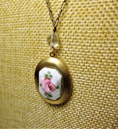 Vintage White Guilloche, Red Rose Brass Pendant Locket, 22" Brass Chain Necklace - Picture 7 of 11