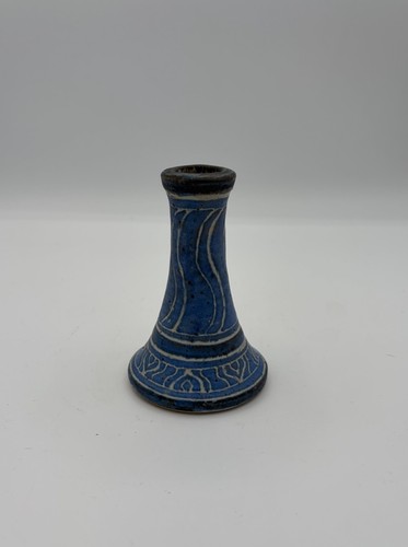 Vintage Blue White Lines Rustic Speckled Art Pottery Candlestick 4" Signed