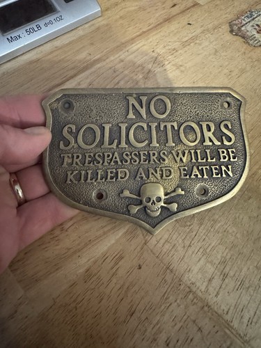 No Solicitors BRASS Metal Plaque Sign Skeleton Skull Crossbones Tresspassing