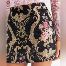 Black Gold Francesca’s Floral Jacquard Damask Baroque Rococo Miniskirt SMALL
