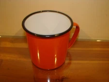 Enamelware Coffee Cup Camping Mug Black Trim Orange MCM Vtg