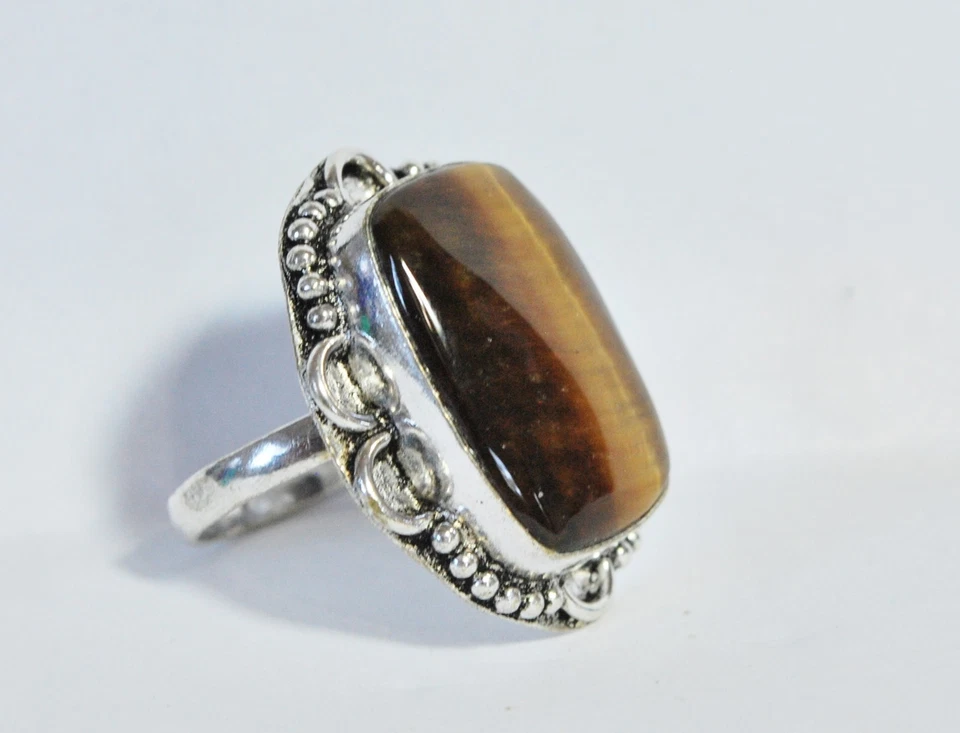 Anillo de plata esterlina Cabachon hecho a mano piedra ojo de tigre natural talla 7 Foto 2 de 4