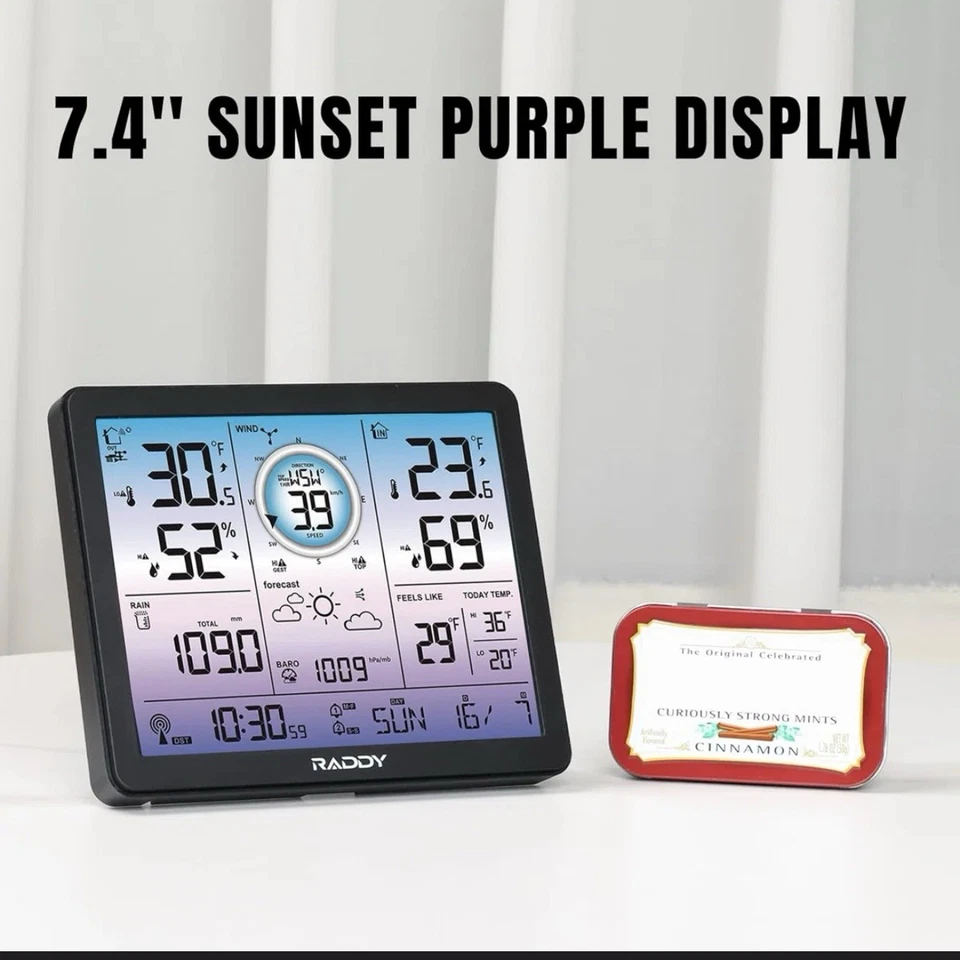 Raddy VP7 Weather Station Wireless Indoor Outdoor w/ 7.4'' Digital Color Display - Image 3 of 4