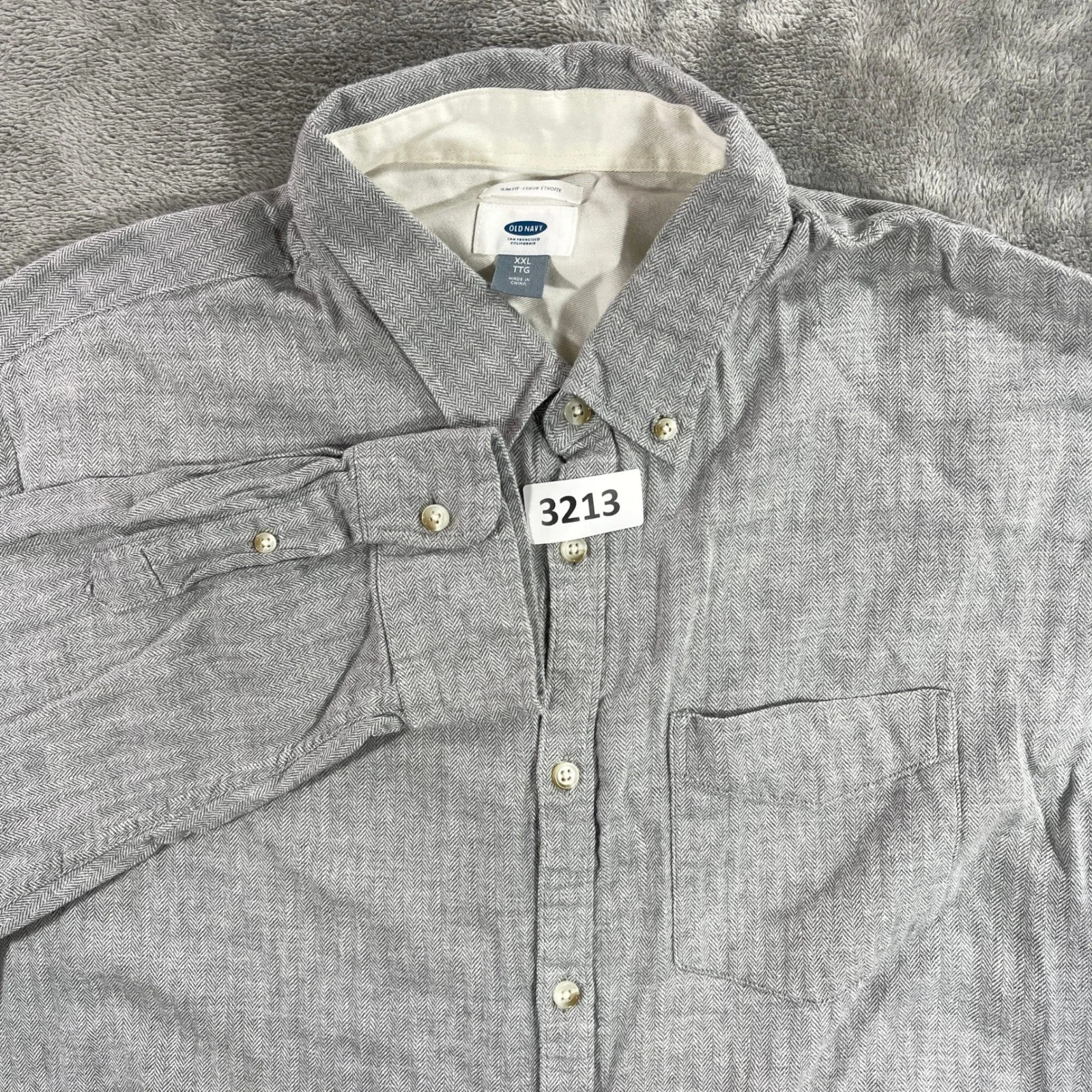 Old Navy Button Down Shirt Mens XXL Gray Herringbone Cotton Linen Slim Fit