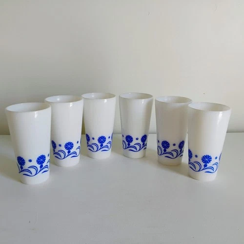 Vtg. Hazel Atlas White Milk glass Cornflower Tumblers - Set of 6
