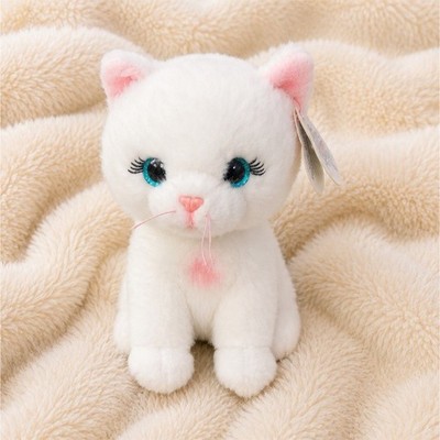 Mini White Cat Plush Stuffed Animal w/ Blue Eyes Pink Nose, Washable, 2024