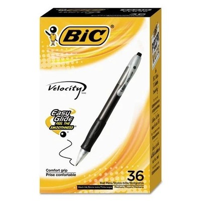 BIC Velocity Easy Glide Ballpoint Pen, Retractable, Med 1 mm, Black Ink, 36/Pack