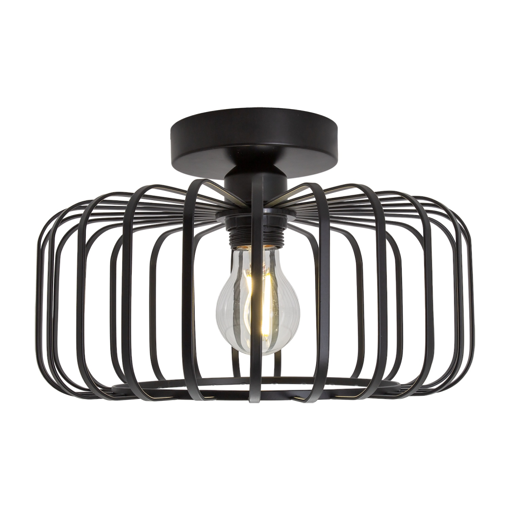 Industrial Cage Designed Matte Black Metal Semi Flush Ceiling Light by Happy ...