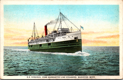 Postcard S.S. Virginia Pere Marquette Line Steamers Manistee Michigan