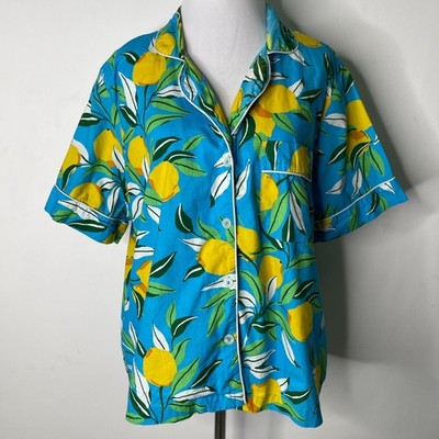 Printfresh Women's Blue Lemon Print Button Down Short Sleeve Pajama Size Small