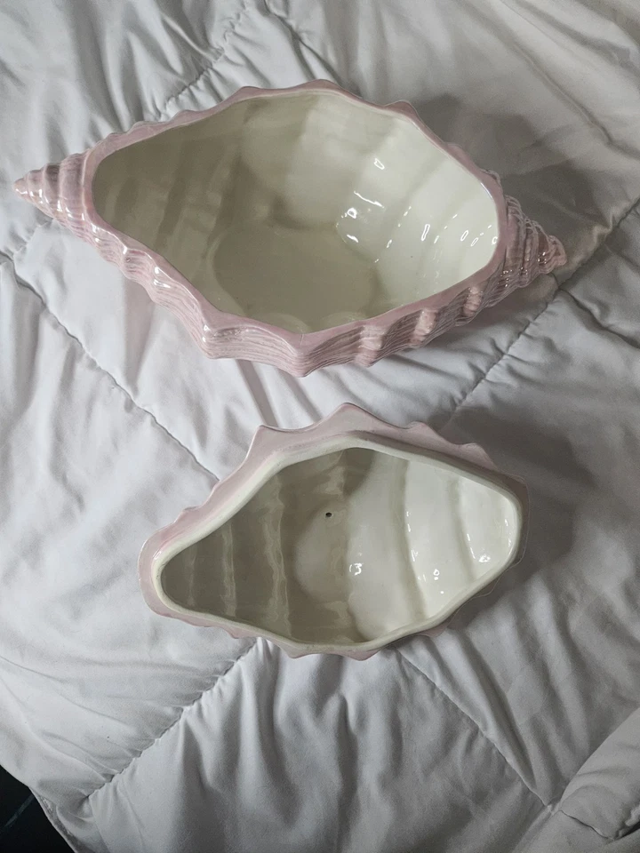 复古陶瓷闪亮粉红色海螺海壳碗罐带盖,签名和日期 — 第 2/3 张图片