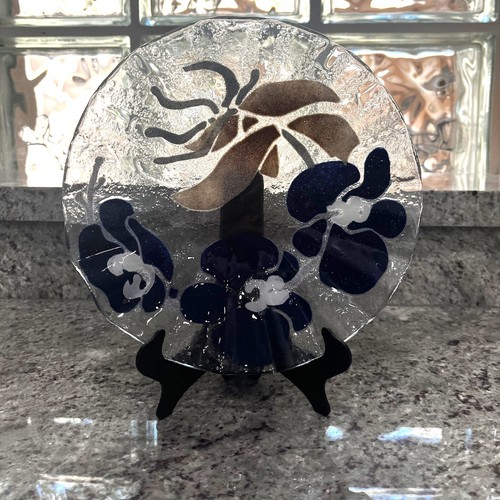Fused Art Glass Bowl Plate - Orchid Flowers Navy Blue/Brown/Lite Gray - Picture 2 of 8
