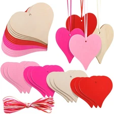 32 Pcs 4-Inch 4-Color Valentine Wooden Heart Cutouts with Holes Ribbons DIY