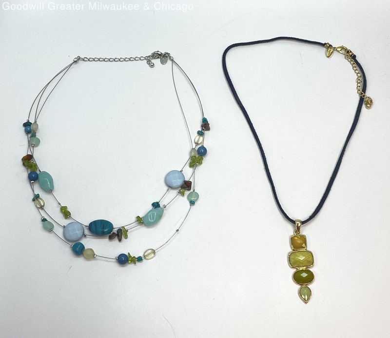 Lia Sophia Two Tone Yellow Green Rhinestone Pendant & Blue Beads Necklaces 34.4g