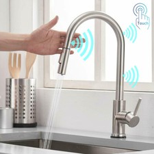 Touch On Kitchen Sink Faucet Swivel Pull Out Sprayer Mixer Tap Brushed Nickel