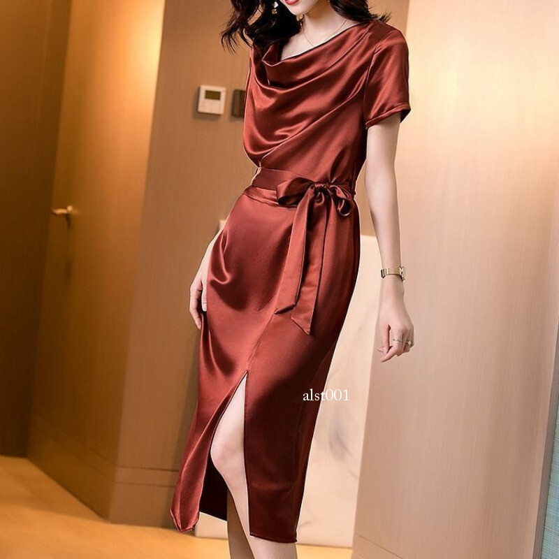 knee length dresses for ladies Rust Knit Contrast Top Satin Short Sleeve Midi Dress – PinkBlush main image 1
