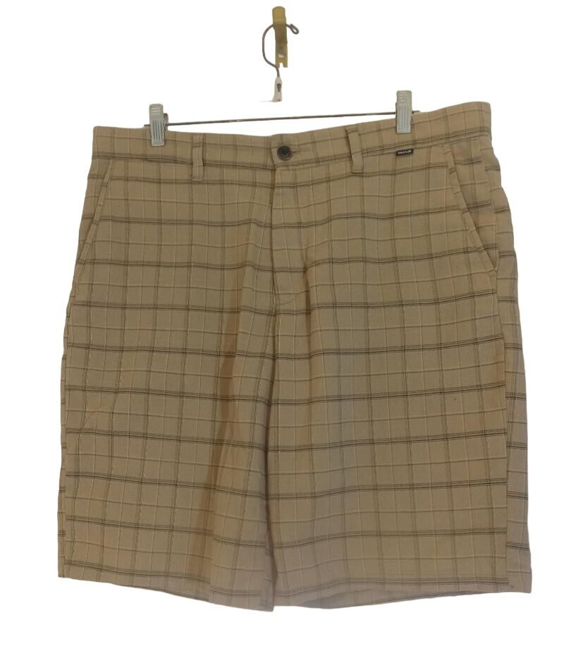 HURLEY Bermuda Chino Shorts Mens Size 34 Brown Black Plaid Pockets Button Zipper