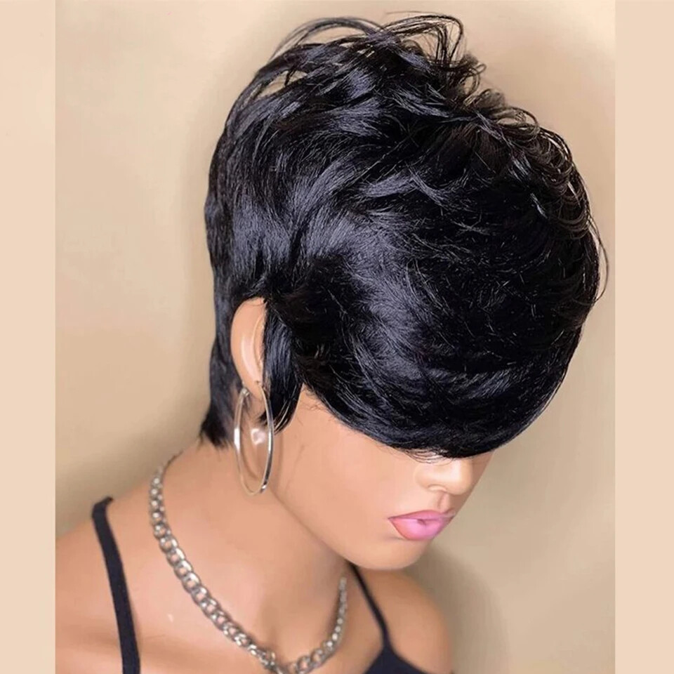 Pixie Cut Black Wigs with Bangs Glueless Wigs Natural Human  display picture 3