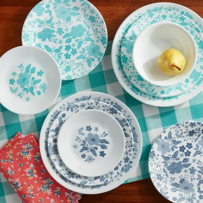 Pioneer Woman Corelle Dinner Appetizer Plates Cereal Bowl Evie Floral Teal Blue