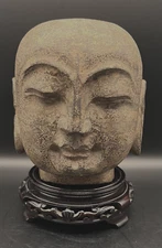 Antique RARE Buddha Head of a Lohan Yuan Chinese Song Dynasty Solid Carved Stone