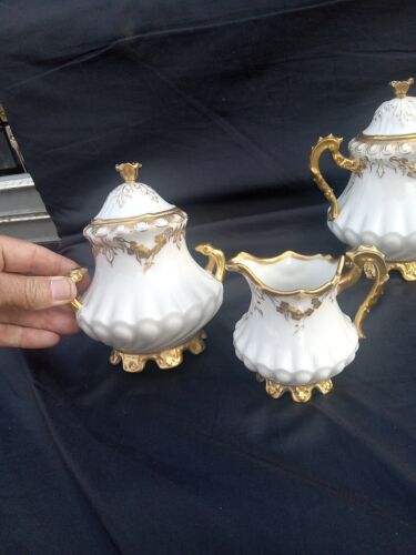 Ant. B&H Limoges Teeservice Teekanne Zuckerdose Milchkännchen Serpant Ausguss Gold Encruste - Bild 4 von 13