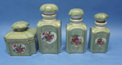 Antique Likely Samson ET Paris 1800's Green Porcelain Vanity Dresser Set Flowers