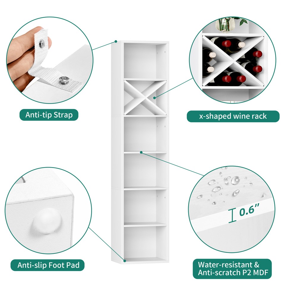71" Tall Bookcase Narrow Bookshelf w/ Wine Rack Open Storage Shelves