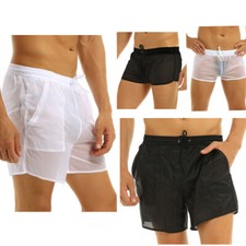 Men Sheer Mesh Openwork Boxers Shorts Briefs Drawstring Swim Trunks Underwear