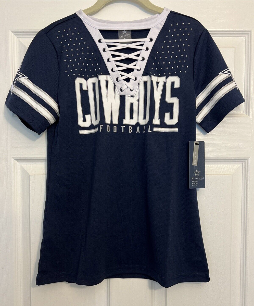 Dallas Cowboys Women's Navy Blue V-Neck Lace Up Jersey T-Shirt NWT