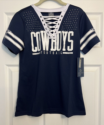 Dallas Cowboys Women's Navy Blue V-Neck Lace Up Jersey T-Shirt NWT