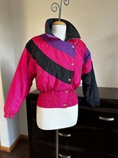 FERA Skiwear Jacket Sz6 Designer Fuchsia Black Gold Metallic Purple Pucci