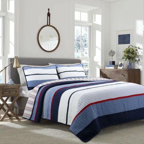 Harlan Navy Red Striped 100%Cotton Quilt Set, Bedspread, Coverlet - Afbeelding 1 van 7