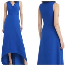 Kay Unger Melinda Pleat High Low A-Line Gown Size 4 In Sapphire Sleeveless $318