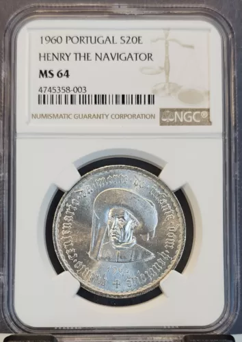1960 PORTUGAL SILVER 20 ESCUDOS HENRY THE NAVIGATOR NGC MS 64 BEAUTIFUL BU