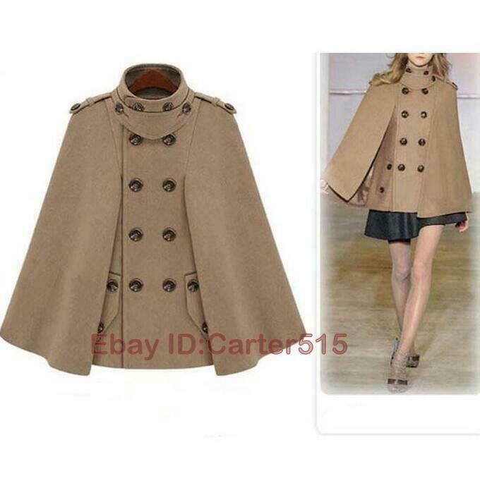 Women Double-Breasted Cape/cloak Wool Blend Jacket Trench