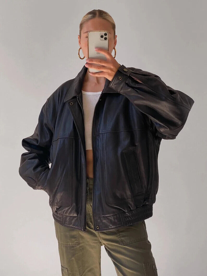 90's Oversized Bomber Jacket Retro Vintage Classic Leather Jacket