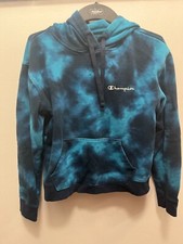 Champion Kids Long Sleeve Pullover Logo Hoodie, Blue/Black Tie-Dye, size SC