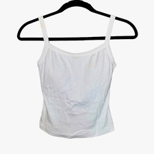 Women s Ribbed Camisole Tank Top S White Solid w/ Built-In Beige Bralette