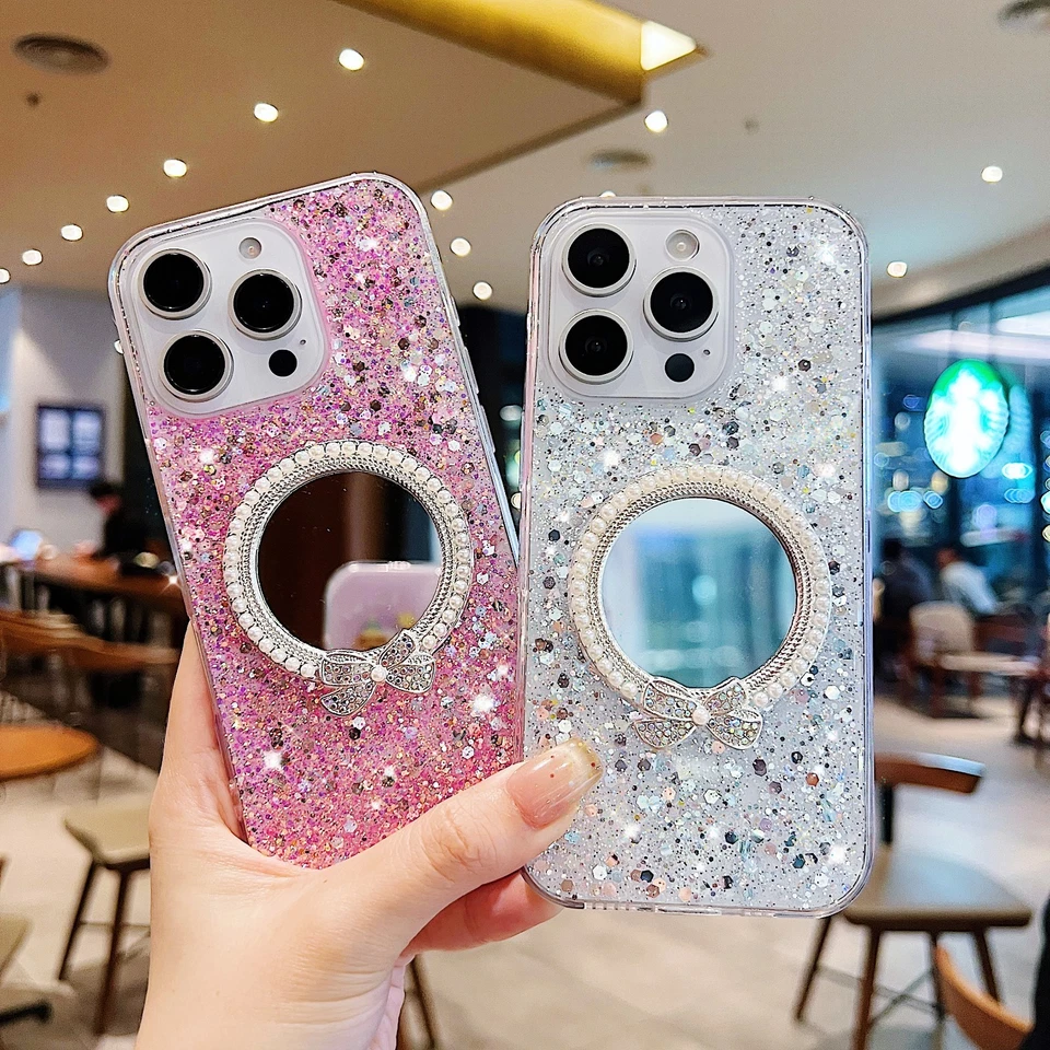 For iPhone Samsung Case Glitter Pearl makeup mirror Bling Phone Cover Women Girl - Image 2 of 4