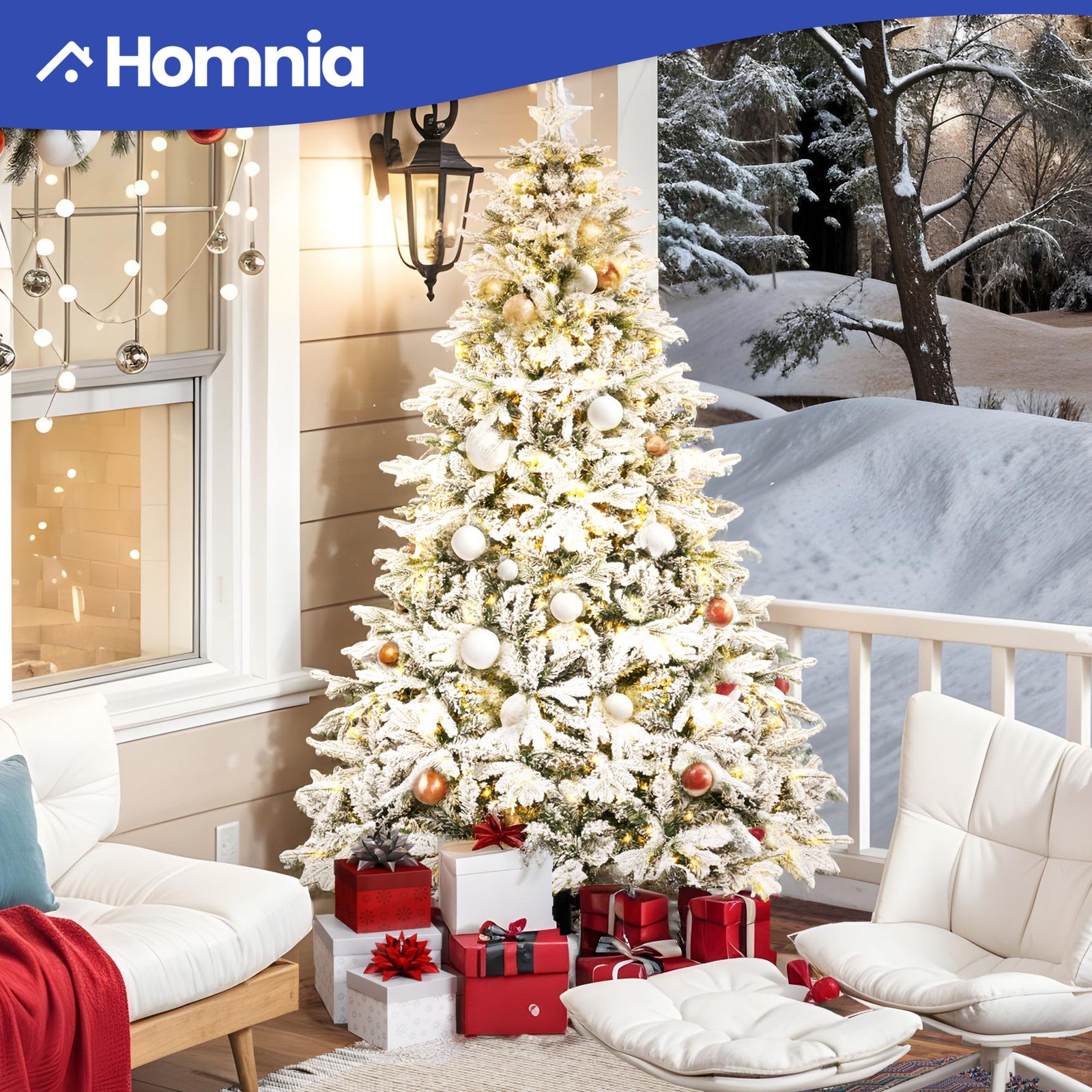 7ft Pre-Lit Snow Flocked Canaan Fir Christmas Tree with 1687 Tips and 330 Lights