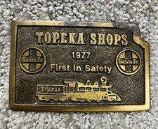 Vintage 70s Santa Fe Railroad Belt Buckle Topeka Shops First in Safety USA Made