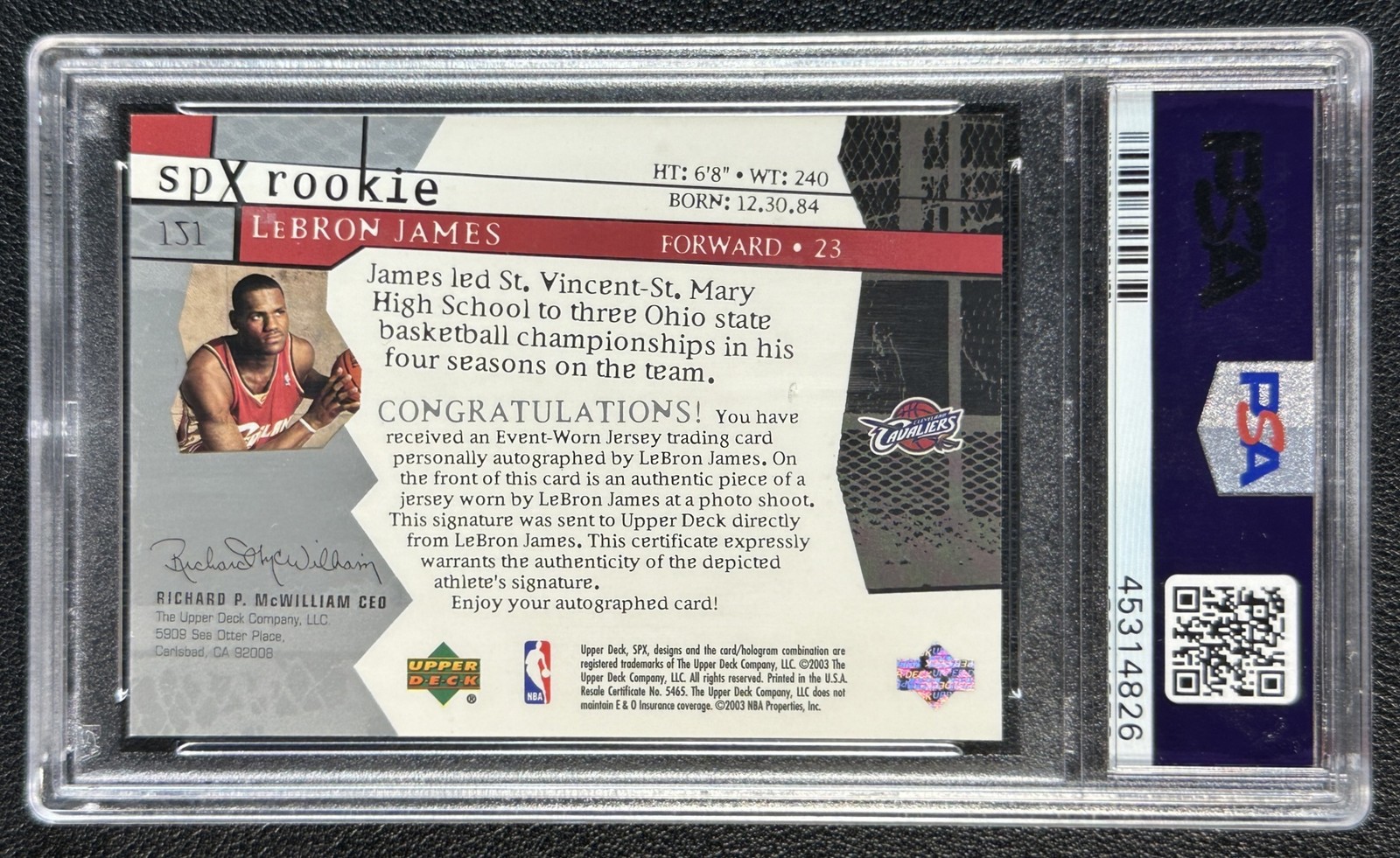 LEBRON JAMES PSA 8 2003-04 SPX #151 ROOKIE JERSEY 10 AUTO RC 329/750 CAVALIERS view 2