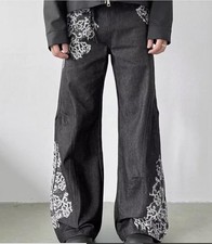 Men's Black Denim Jeans Straight Leg Casual Pants Floral Printed Punk Hip Hop