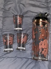 Vintage Hazel Atlas Dancing Pink Elephants and Stars Cocktail Shaker and 3 Shots