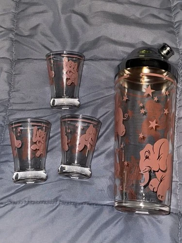 Vintage Hazel Atlas Dancing Pink Elephants and Stars Cocktail Shaker and 3 Shots