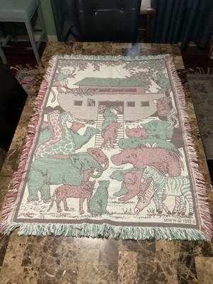 Vintage Noah's Ark Tapestry Blanket Fringed MWW 1992 Nursery Baby Green Red