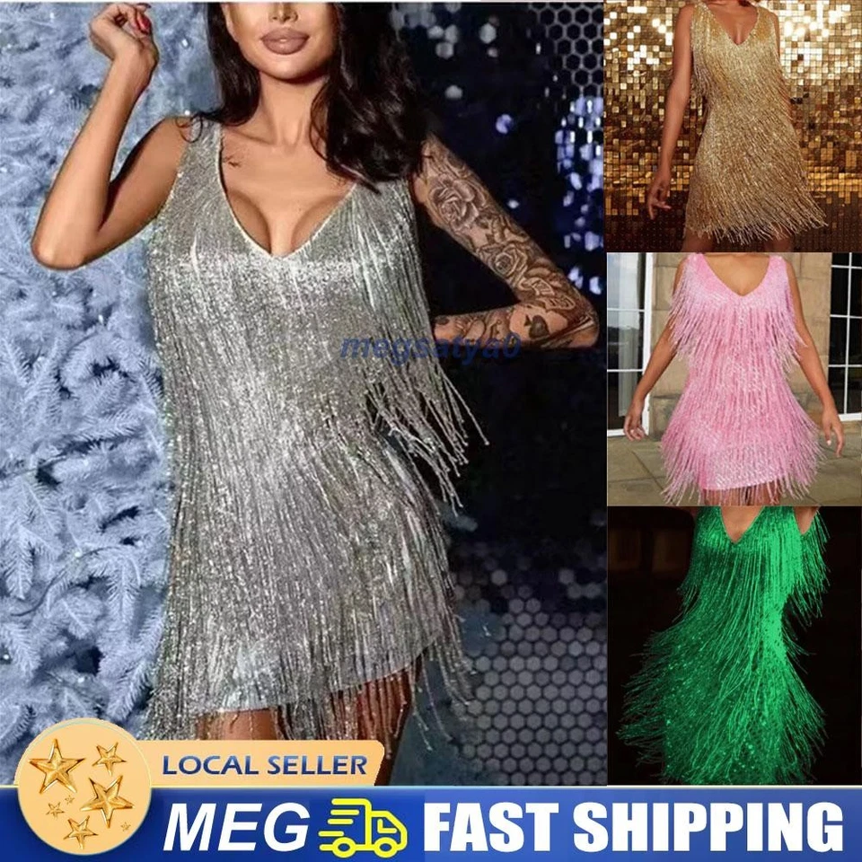 Womens Glitter Fringe Tassel Mini Dress Evening Cocktail Bodycon Ball Gown AU