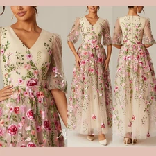 NEW $139 AW BRIDAL [ 20 ] V Neck Puff Sleeve A Line Brezzy Dress Gown S1976