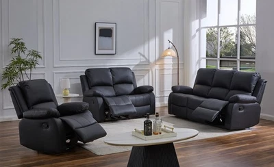 UK LEISURE WORLD RECLINER LAZY BOY BLACK SOFA SUITES SETTEE 3 2 1 SEATER ARMCHAIR FAUX LEATHER