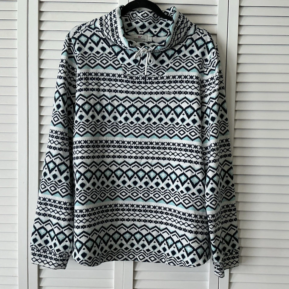 Suéter Vineyard Vines Fair Isle Mujer Talla L Azul Cuello Embudo Polar Nórdico Acogedor Foto 3 de 4